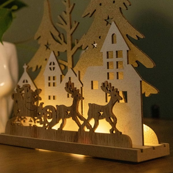 Samuel Alexander 20cm Battery Operated Light up Wooden Village with Santa in Sleigh and Warm White LEDs