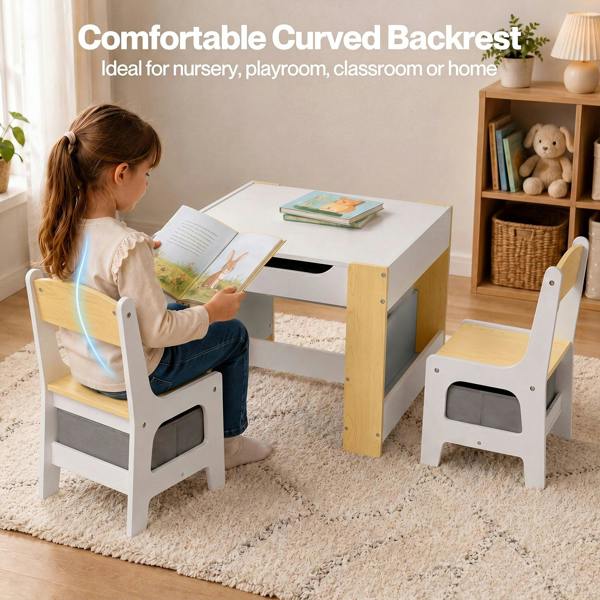 Dekko Kids Table and Chairs Set 2-in-1 Flip Top Storage Play Study Natural