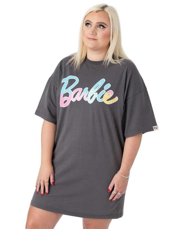 Barbie Womens Grey Pastel Print Logo Short Sleeve Skater Dress