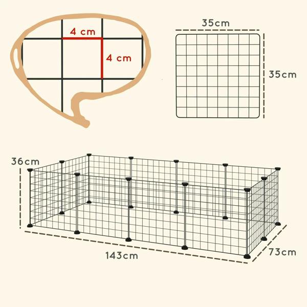 Black metal wire pet playpen enclosure with labeled dimensions and panel layout diagram