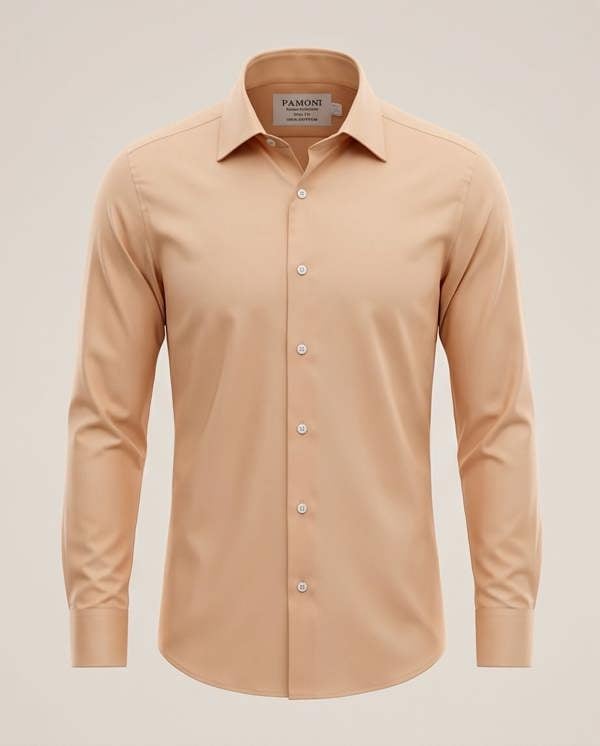 Beige dress shirt on a light beige background with 'Pamono' label.