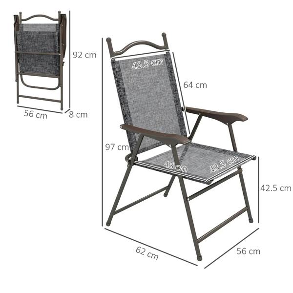 Grey folding garden chair with mesh seat and back, armrests and metal legs