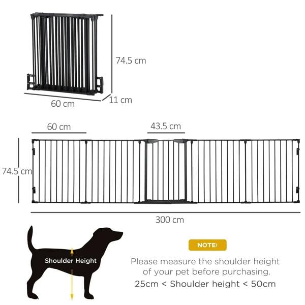 Black pet playpen fence with 5 panels and walk-through door, size diagram