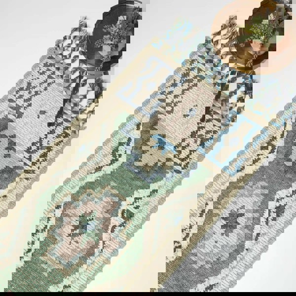 HOMESCAPES Matala Green & Blue Kilim Wool Rug