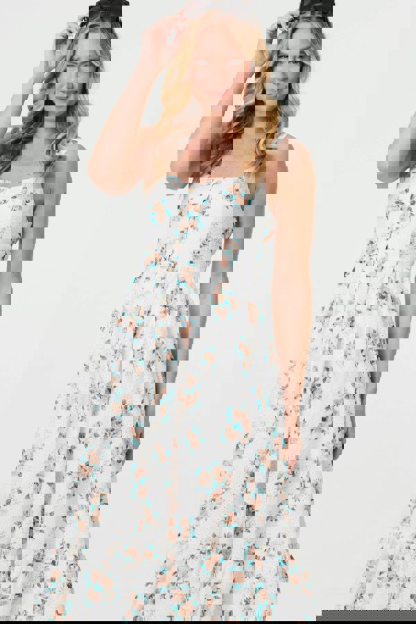 White | Floral A-Line Cami Strap Midi Dress
