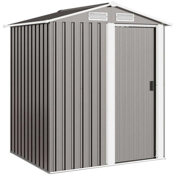 Grey metal tool storage shed with sliding door and sloped roof, vented side panels