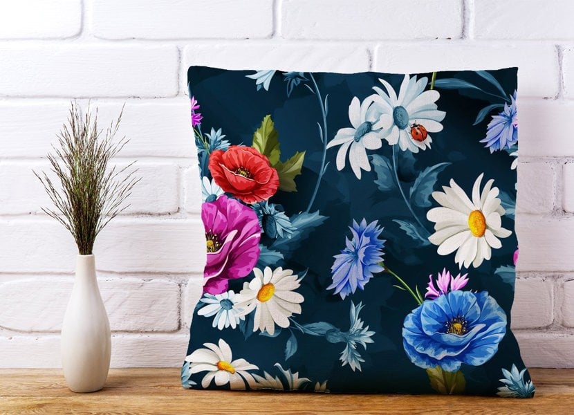 Warren Reed Poppy Flowers With Chamomile Blue Cushions