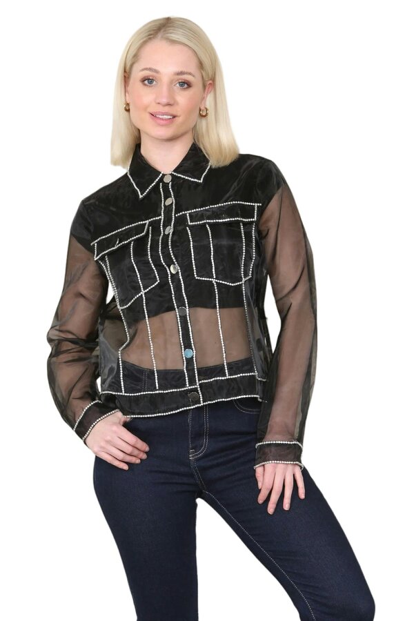 Elaina Fashion Women's Black Button Down Collar Sheer Blouse Shirt, Rhinestone Embellished Long Sleeves Elegant Vintage Fashion Party Club Summer - Black - 100% Polyester