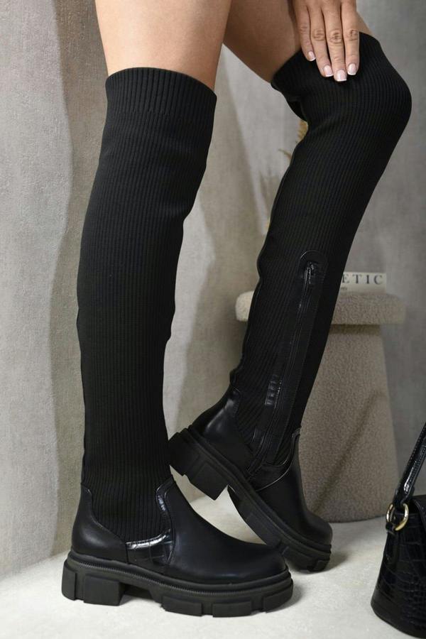 Carla Knitted Platform Over The Knee Chunky Boots - Black