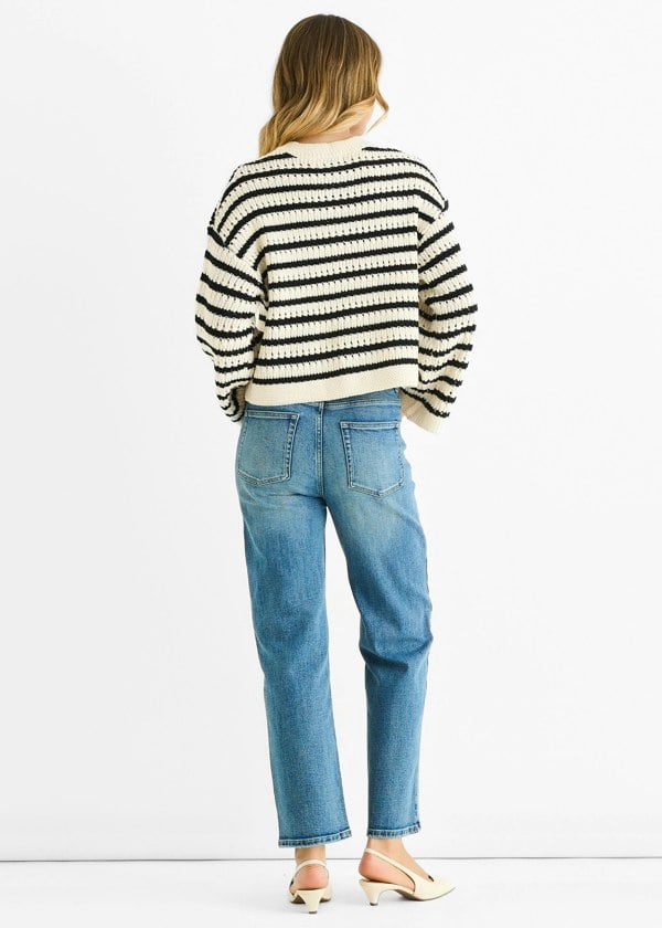 Gini London Cream Stripe Cable Knit Crop Cardigan