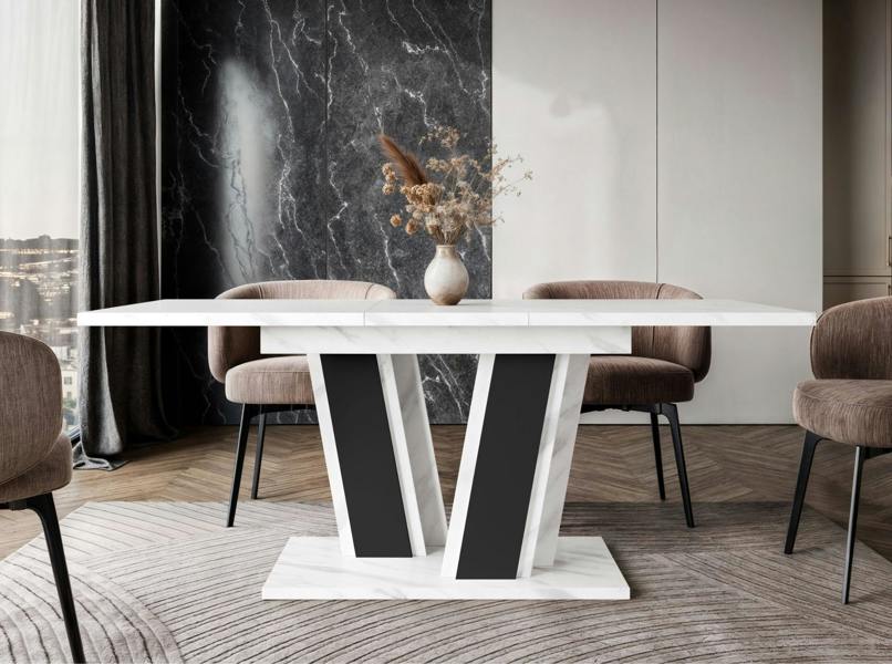PHD Furniture MUSS Extendable Dining Table 120–160cm – Bianco Marble Effect & Black
