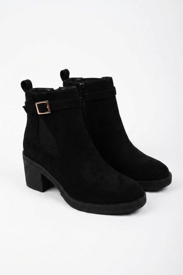 Saoirse Faux Suede Block Heel Boots - Black