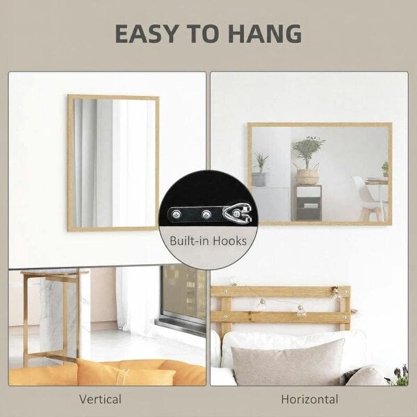 Bobobiy Wall Bathroom Mirror, 70 x 50 cm Wall-Mounted Mirror for Living Room, Bedroom, Hallway, Natural Wood