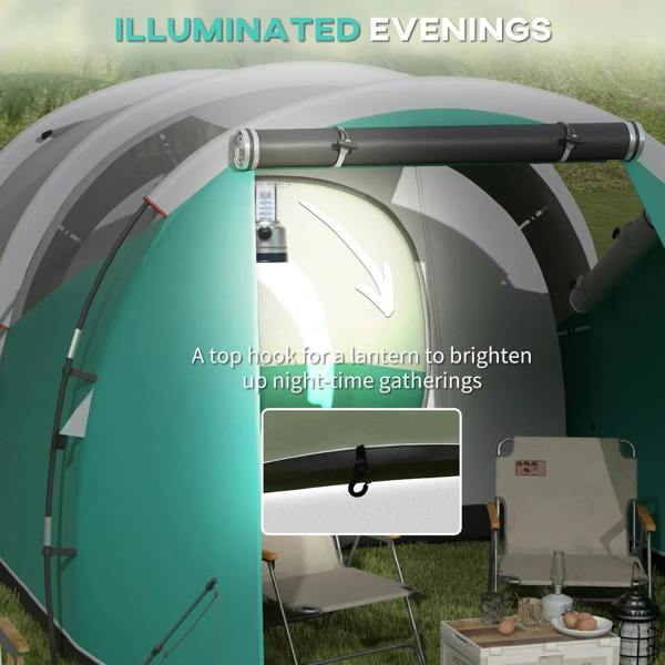 Two-room tunnel tent interior view with open front and green side panels under gray roof