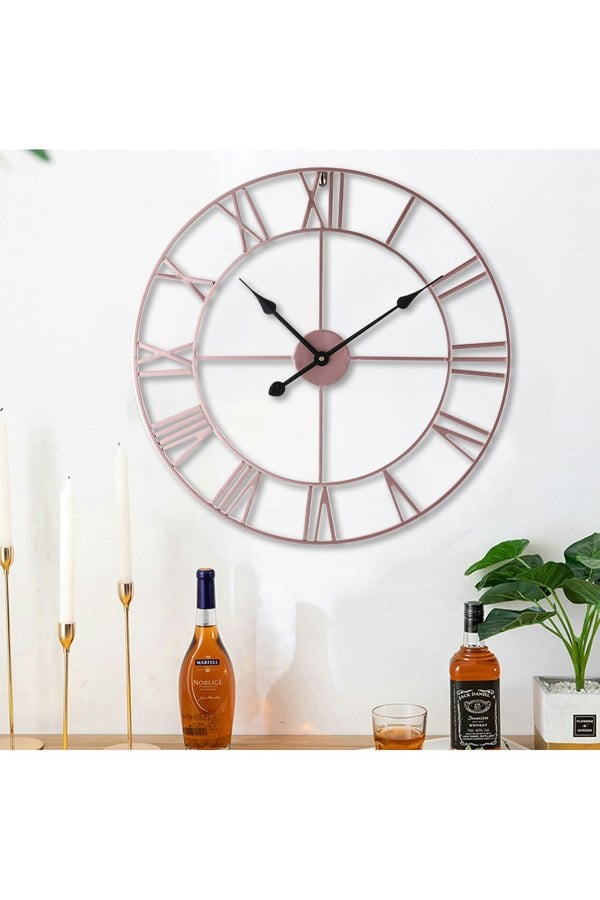 Living and Home 60cm Dia Rose Gold Roman Numeral Skeleton Wall Clock