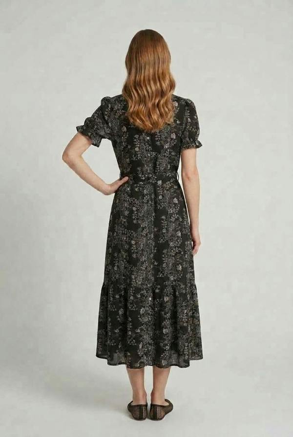 Black | Floral Short Sleeve Tie Shirt Midi Dress