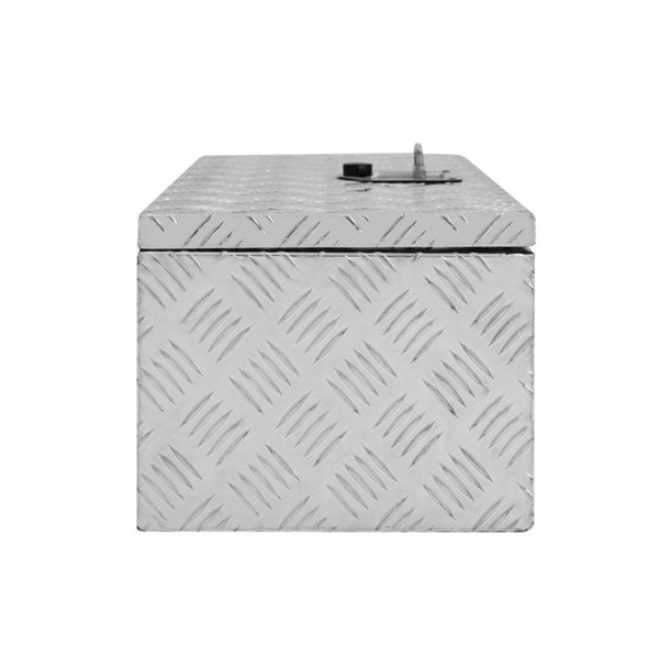 Aluminium tool box 60L in silver with a diamond plate texture, featuring a secure lock and sturdy construction for durability
