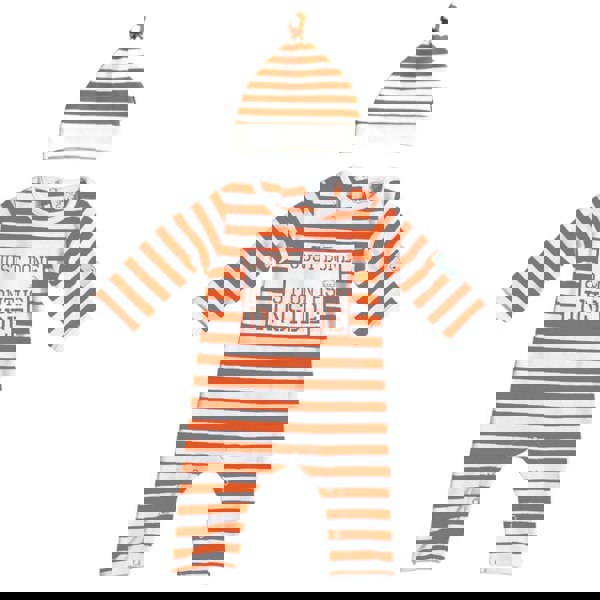 Just Done 9 Months Inside slogan baby grow and hat in orange and white stripes