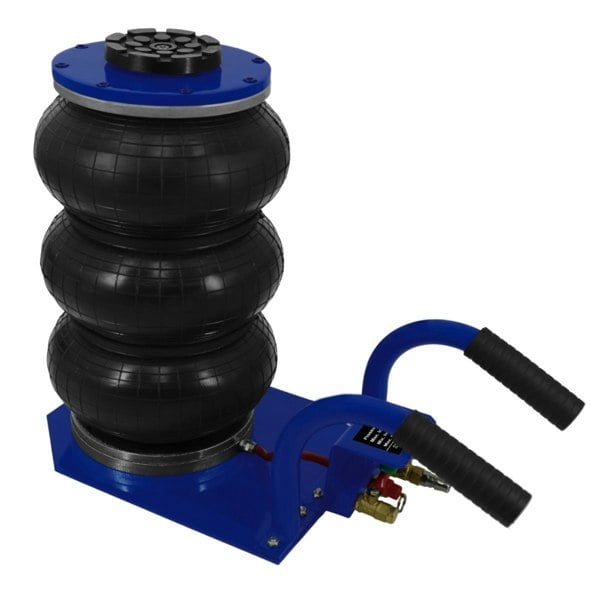 Heavy-duty air bag jack with three black rubber bags, a sturdy blue base, and ergonomic carrying handles for easy transport