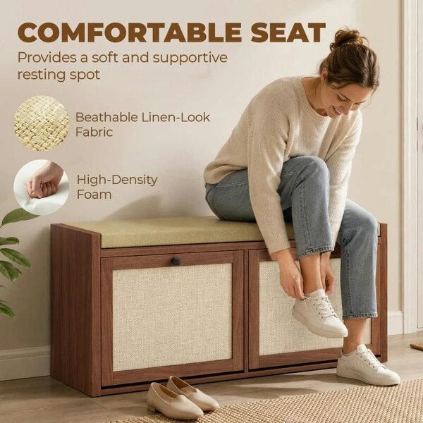 Rattan Shoe Bench with Padded Cushion and 2 Cabinets for Hidden Storage, Brown