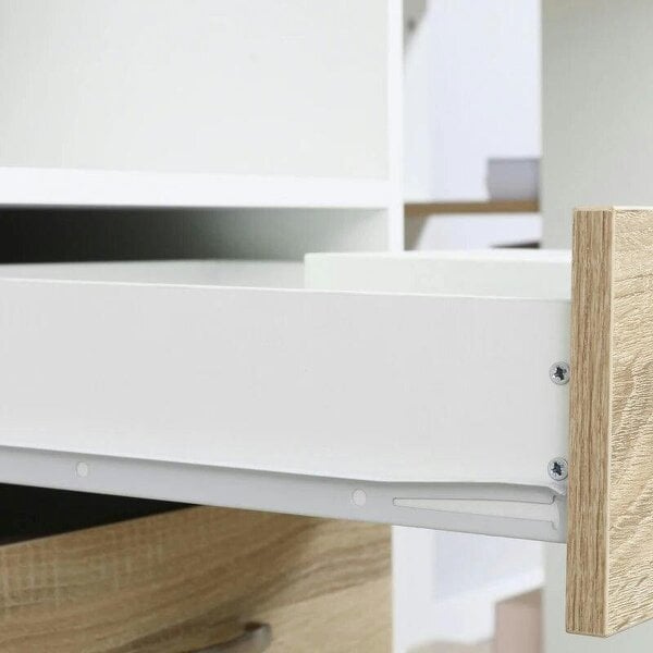 Bobobiy Computer Desk with Drawers and Storage Shelves, Office Desk Writing Table with Printer Stand, 137 x 55 x 92cm, Oak