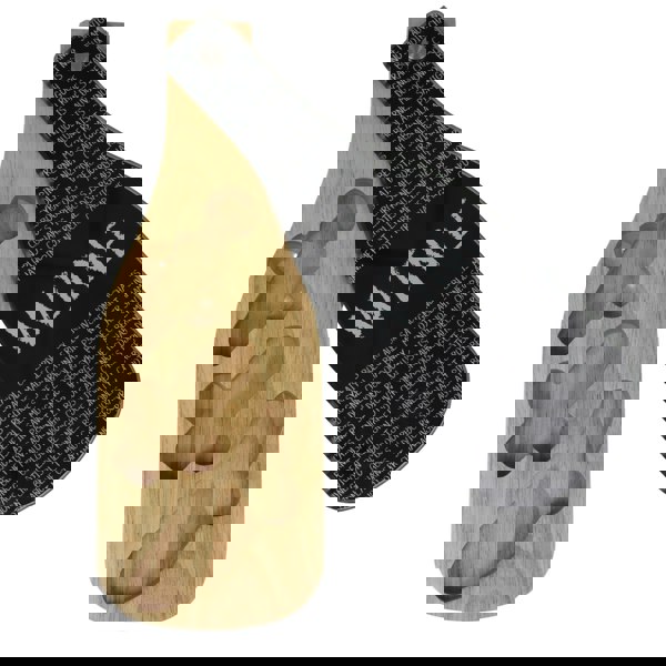 Wooden paddle with wine-themed design on a white background