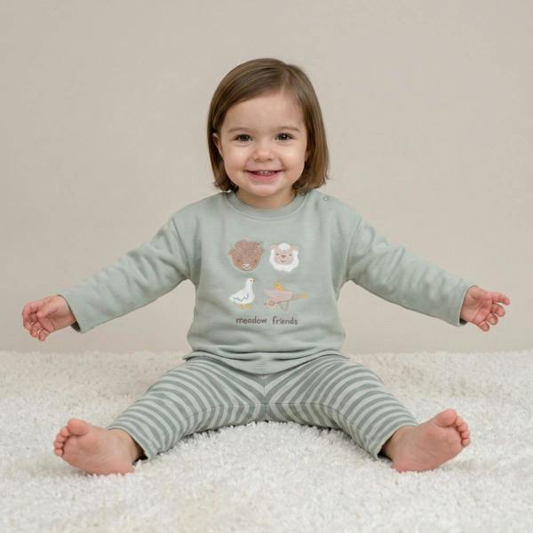 Mini Cuddles Baby Unisex Farm Animal Applique Top & Striped Joggers Set, Sage Green and Cream