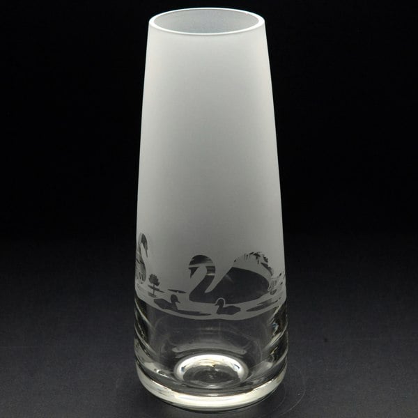 Glyptic Glass Art Swan Glass Bud Vase - Hand Etched/Engraved Gift