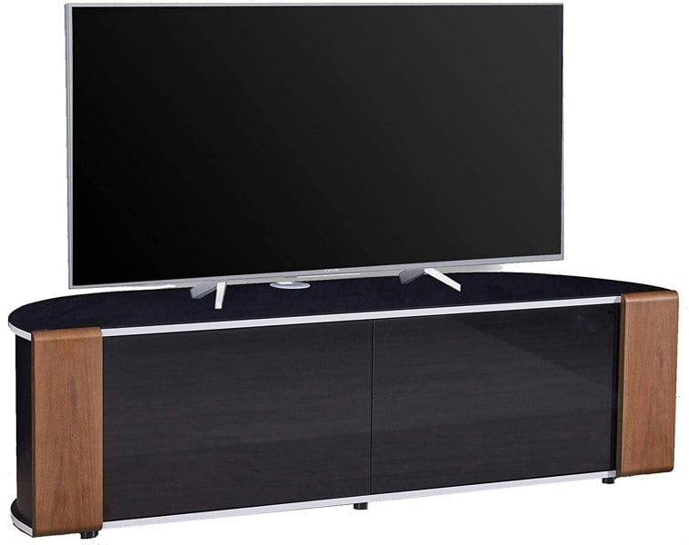 MDA Designs Sirius 1600 TV Cabinet Gloss Black Stand with BEAMTHRU Remote-Friendly Glass Door, Walnut/Oak Trims for TVs up to 70” TV