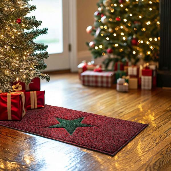 Nicoman Christmas Star PVC Spaghetti Doormat - Red & Green Design