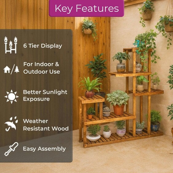 Neo 6 Tier Wooden Indoor Outdoor Shelf Plant Stand Display Rack