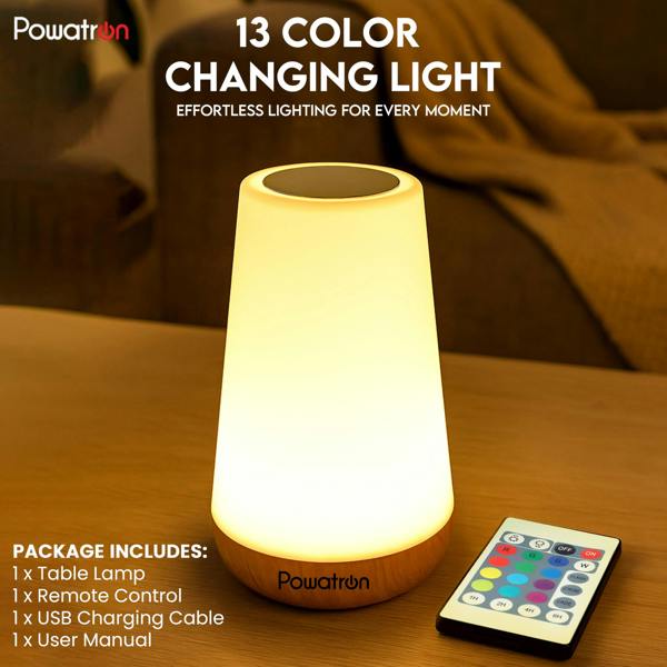 Powatron LED Night Light - RGB 13 Color Changing LED Touch Bedside Table Lamp With Timer Function - Rechargeable Remote Control