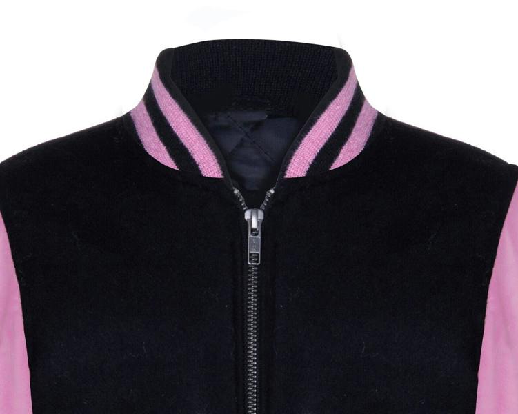 Infinity Leather Kids Varsity Black & Pink Bomber Jacket with Real Leather Sleeves 3-13 yrs