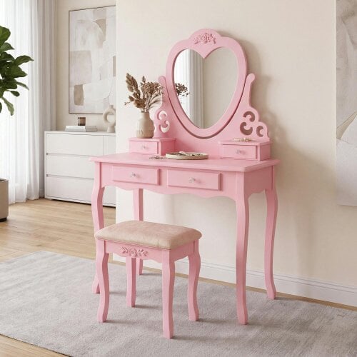 Kosy Koala Pink Heart Dressing Table Makeup Desk Vanity Set White Mirror Drawers Stool