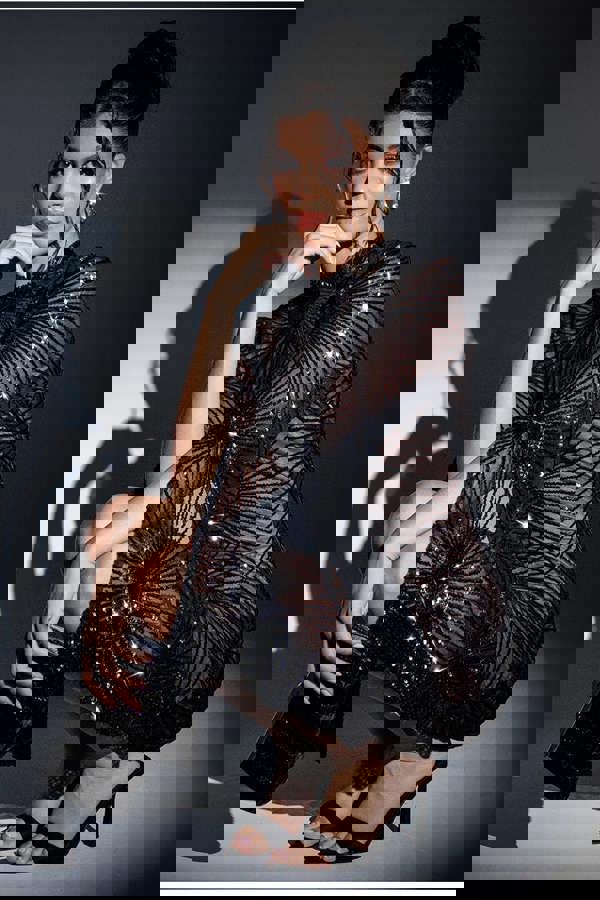 Sequin Starburst Cape Sleeve Mini Dress - Black DR4748