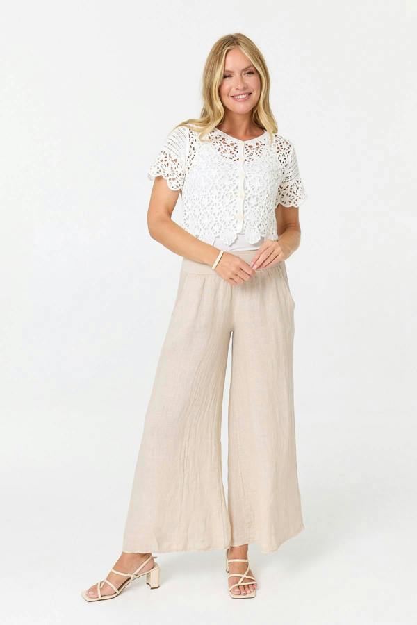 White | Crochet Texture Short Sleeve Button Top