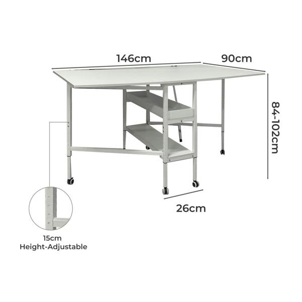 Levede Folding Sewing Table Large 84–102 cm Adjustable Lockable Casters Steel
