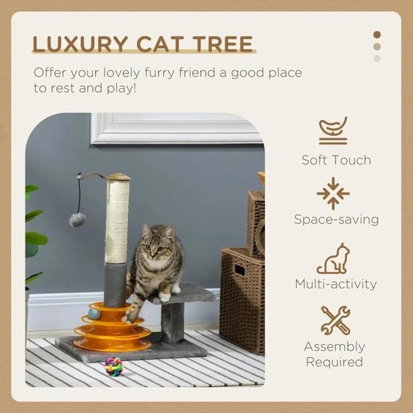Grey cat tree tower with hanging ball, scratching post, and perch platforms shown in use