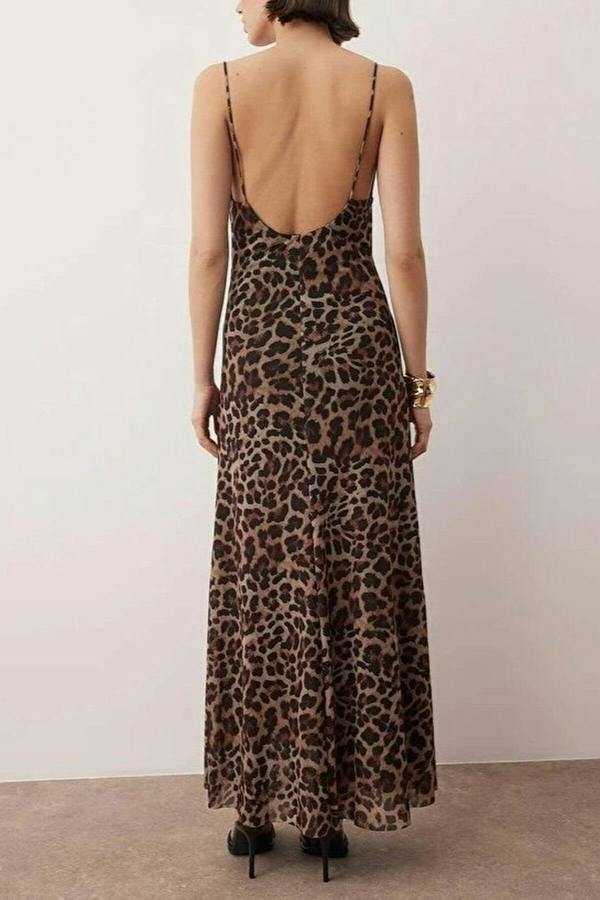 WOVCOR Leopard Print Cowl Neck Tulle Evening Dress