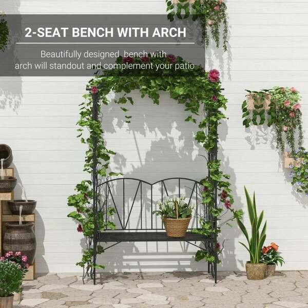 Garden Bench, 2 Seater Outdoor Patio Bench, Metal Garden Loveseat with Arch for Vines and Climbing Plants, Black