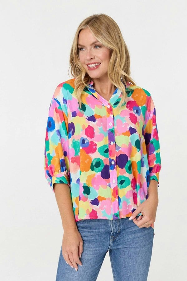 Pink | Abstract 3/4 Sleeve Curve Hem Blouse
