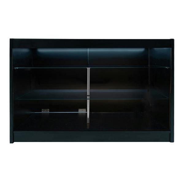 Astro LED Shop Counter Set in black, featuring sleek design, glass shelves, and modern lighting for retail display
