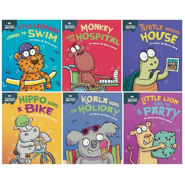 Sue Graves Experiences Matter 6 Book Set Little Lion, Monkey, Koala, Turtle, Little Leopard, Hippo