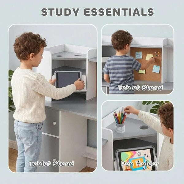 Kids Desk and Chair Set Storage Shelves Kids Desk Adjustable Tablet Stand Cork Board Pen Holder Grey