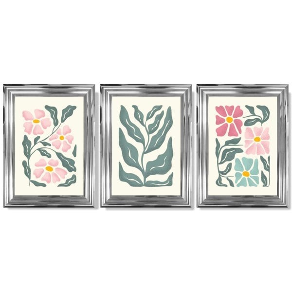 Set of 3 Boho Pink Green Floral Framed Art Prints with Glossy Chrome Frames