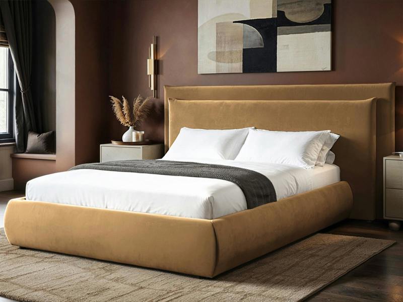 Sigrid Sand Velvet Cushion Headboard Ottoman Bed
