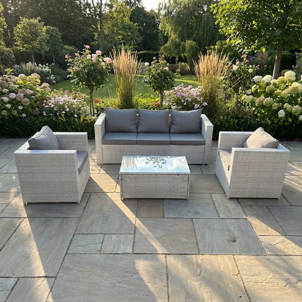 Fimous 5 Seater Rattan Garden Furniture Set with 3 Seater Sofa, 2 Chairs, Rectangular Coffee Table - Light Grey 