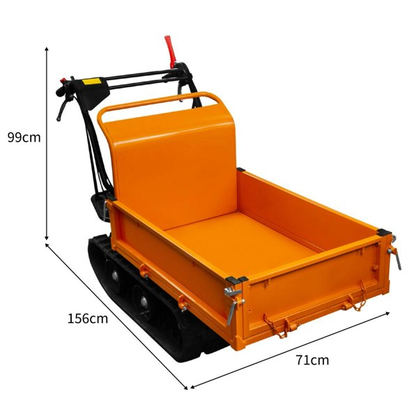 Tracked Mini Dumper Petrol Transporter in bright orange, featuring a spacious flatbed, sturdy tracks, and ergonomic handle for easy maneuvering