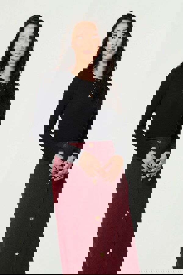 Red | Buttoned High Waist A-Line Midi Skirt
