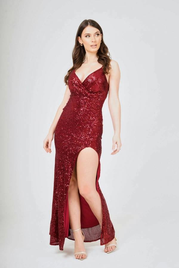 LuvForever Champagne Side-Split Sequin Maxi Dress